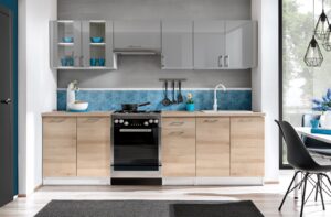 Meble Kuchenne Max Szary Połysk + Buk Artisan 2,6 m