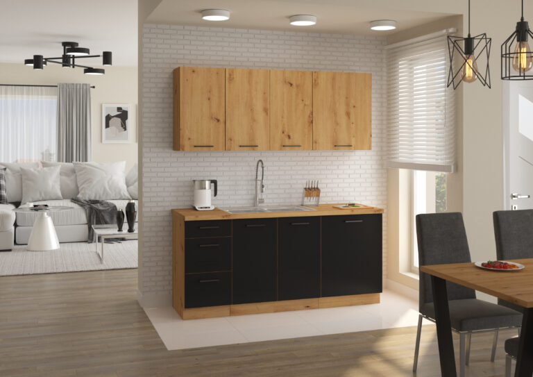Meble Kuchenne Modena Czarny Laminat/Dąb Artisan 180 cm