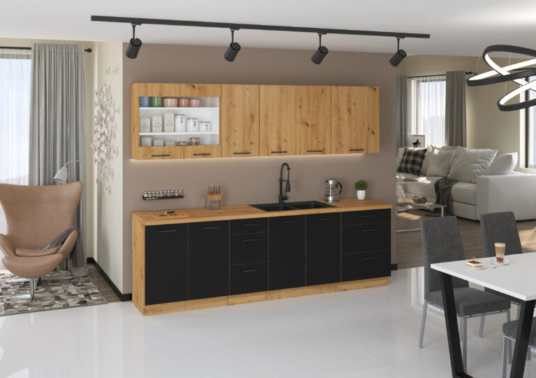 Meble Kuchenne Modena Czarny Laminat/Dąb Artisan 260 cm