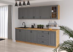 Meble Szafki Kuchenne W Stylu Skandynawskim Stilo Dust Grey / Dąb Artisan 260 cm + Blat - Lempert