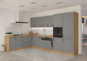 Meble Szafki Kuchenne Stilo W Stylu Skandynawskim Dust Grey Ramka / Dąb Artisan + Blaty - Lempert
