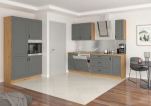 Meble Szafki Kuchenne W Stylu Skandynawskim Stilo Dust Grey Ramka / Dąb Artisan + Blat - Lempert