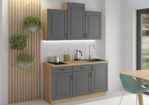 Meble Szafki Kuchenne W Stylu Skandynawskim Stilo 150 cm Dust Grey Ramka / Dąb Artisan + Blat - Lempert