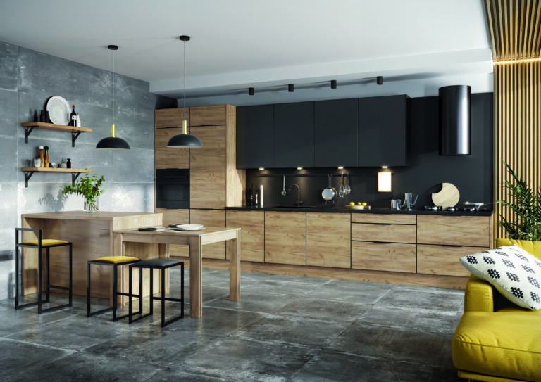 Meble Kuchenne KamMono K2 Dąb Złoty + P4 Czarny Super Mat 460 cm