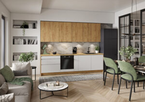 Meble Kuchenne KamMono L4 Lakier Biały Mleczny Mat + P2 Dąb Hikora Naturalna 280 cm