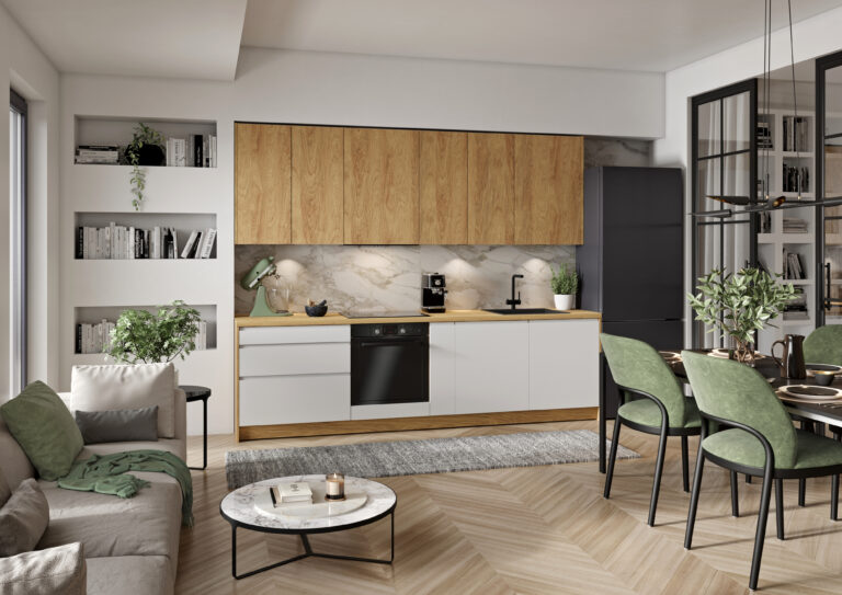 Meble Kuchenne KamMono L4 Lakier Biały Mleczny Mat + P2 Dąb Hikora Naturalna 280 cm