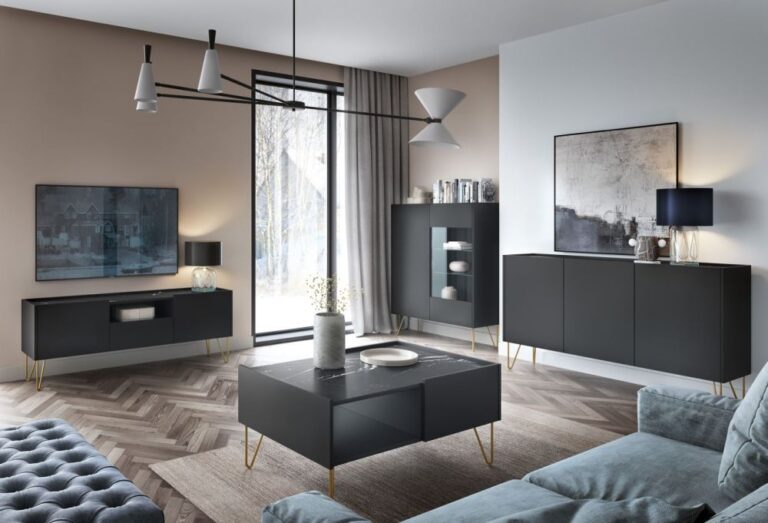 Meble do salonu w stylu loftowym Harmony - Czarny Grafit / Marmur Black - Piaski