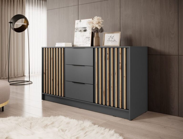 Komoda Nelly 3D z lamelami - Grafit / Lamela Artisan - Piaski