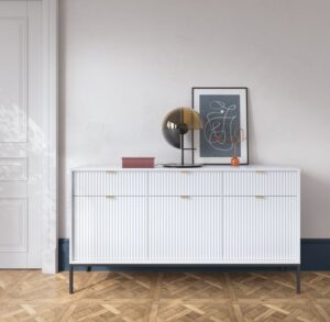 Komoda Nova KSZ154 - Biała / stelaż czarny / uchwyty złote - Piaski