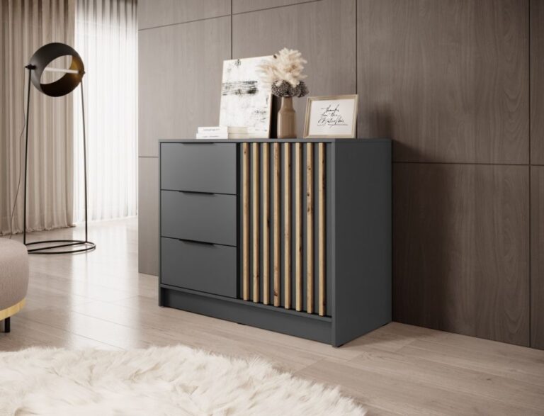 Komoda Nelly 2D z lamelami - Grafit / Lamela Artisan - Piaski