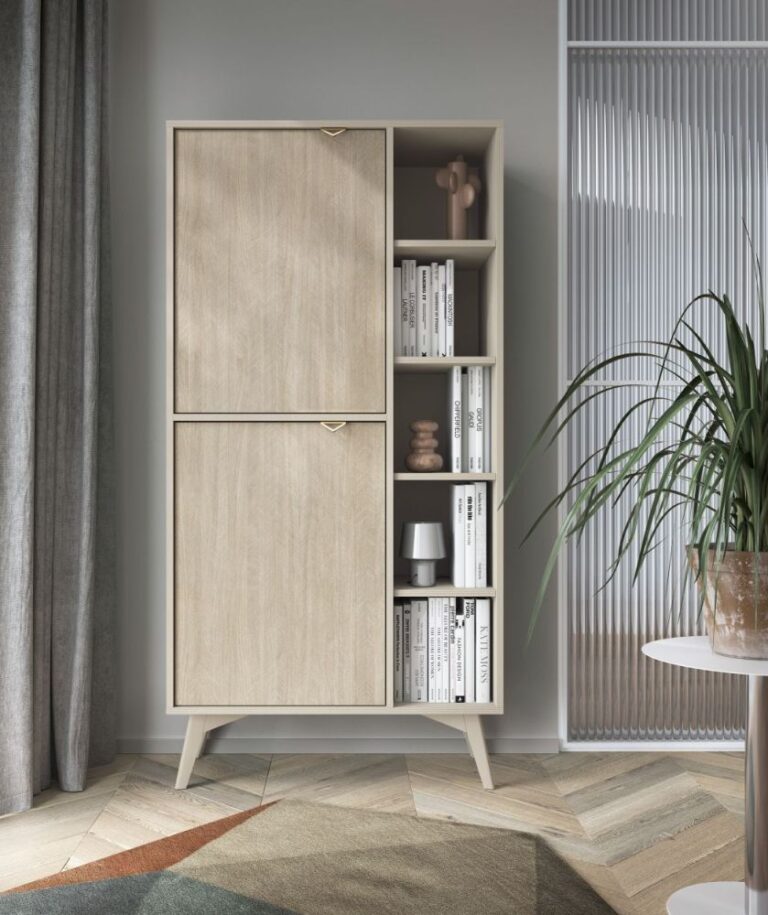 Regał z półkami Forest RG80 - fronty Jodełka Scandi- korpus Beż Piaskowy - Piaski