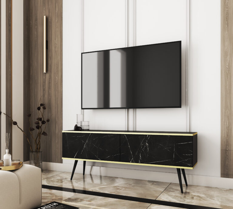Szafka RTV na czarnych nóżkach Oro 135 cm - Marmur Black Royal - Piaski