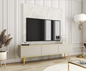 Szafka RTV na złotych nóżkach Oro 175 cm - MDF - Beżowa - Piaski