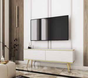 Szafka RTV na złotych nóżkach Oro 135 cm MDF - Biała - Piaski