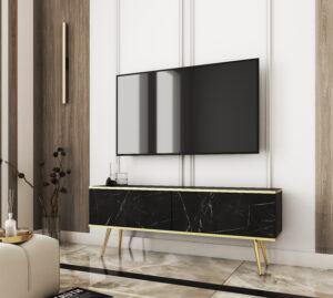 Szafka RTV na złotych nóżkach Oro 135 cm - Marmur Black Royal - Piaski