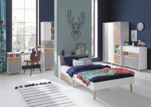 Meble młodzieżowe Faro - Biały Lux / Dąb Artisan / Szary