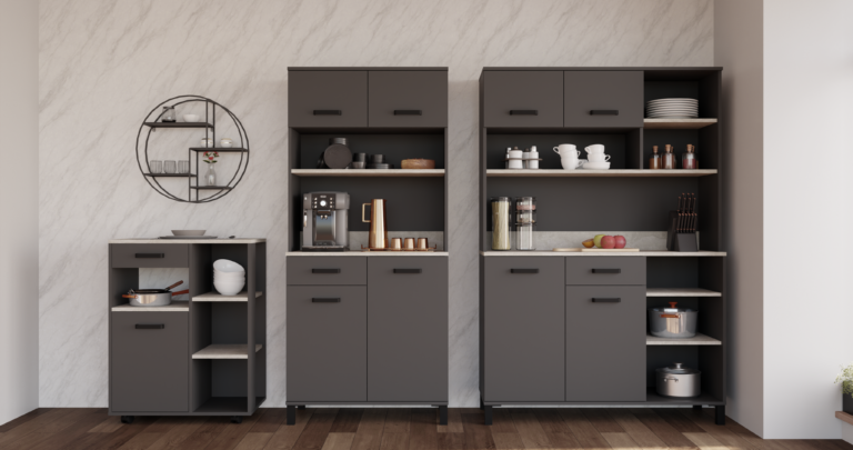 Bufet Kredens Kuchenny Linda Antracyt Zestaw 120 cm + 80 cm + Wózek 70 cm + Blaty  - Lempert