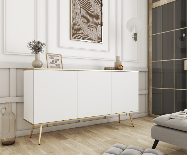 Komoda Oro K160 na złotych nóżkach - Biała - Piaski