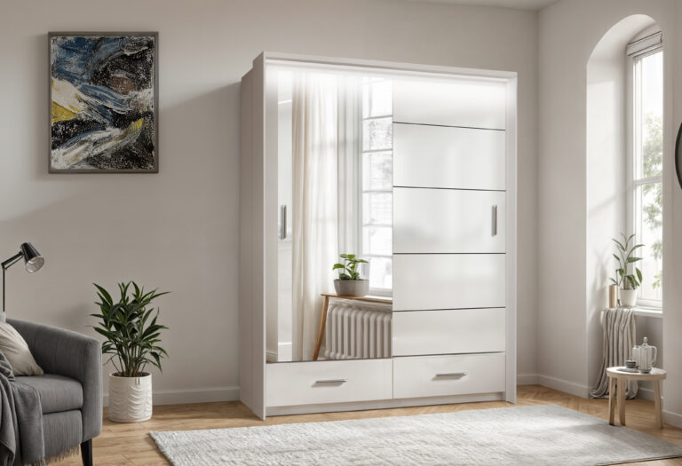 Szafa Sycylia 150 cm LED - Biały Połysk / Lustro - Arkos