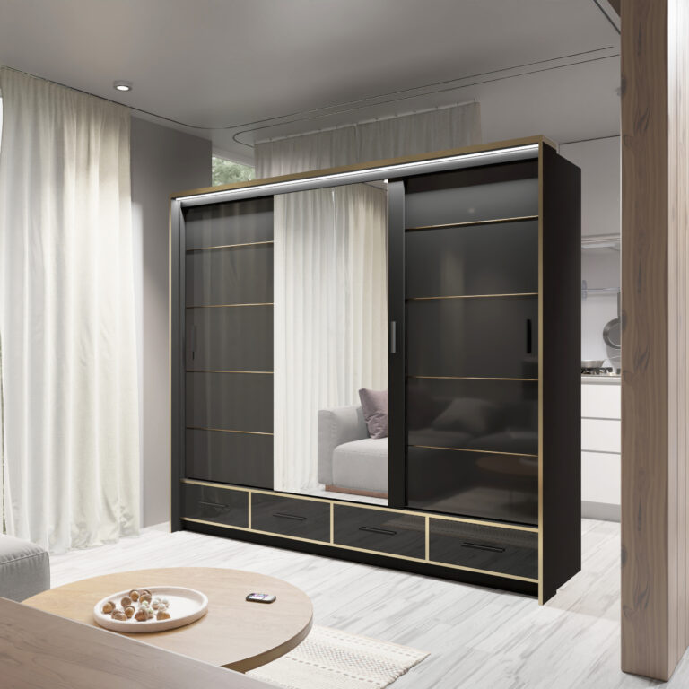 Szafa Sevilla 250 cm LED - Czarny Połysk / Lustro - Arkos
