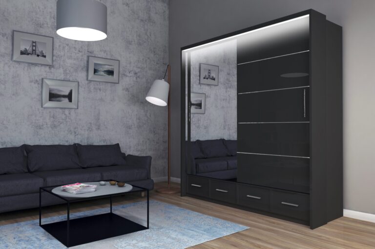 Szafa Sycylia 200 cm LED - Czarny Połysk / Lustro - Arkos