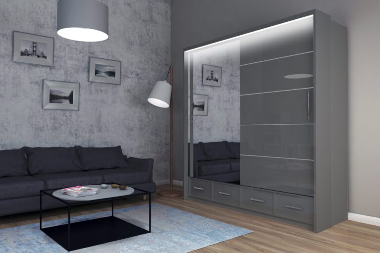 Szafa Sycylia 200 cm LED - Szary Połysk / Lustro - Arkos