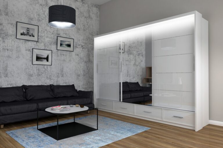 Szafa Sycylia 250 cm LED - Biały Połysk / Lustro - Arkos