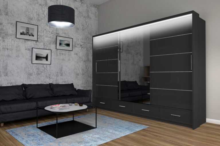 Szafa Sycylia 250 cm LED - Czarny Połysk / Lustro - Arkos
