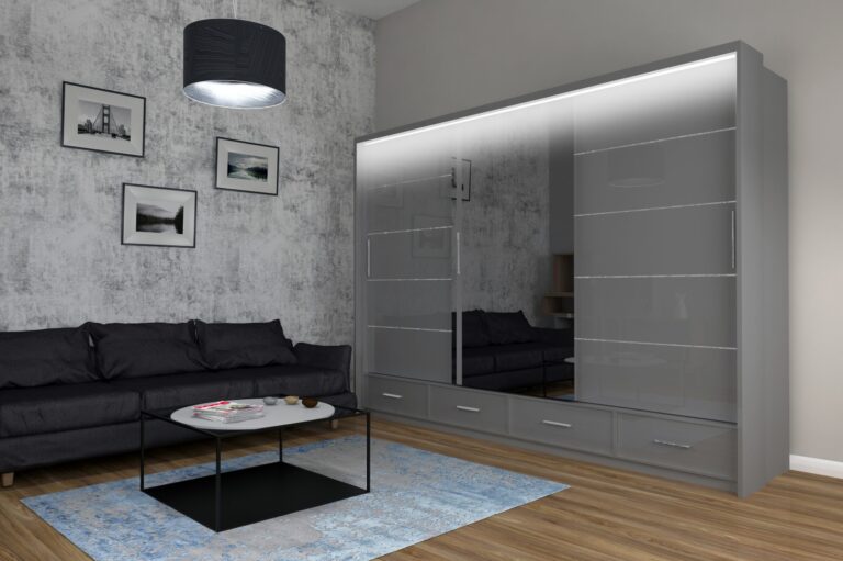 Szafa Sycylia 250 cm LED - Szary Połysk / Lustro - Arkos