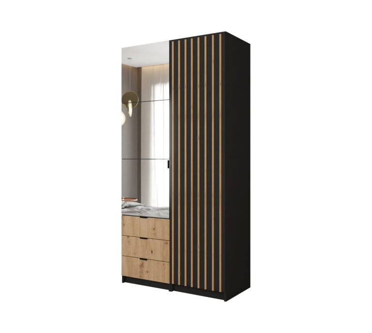 Szafa modułowa Jaxon 100 cm - Czarny / Votan / Lustro / Lamele - Arkos