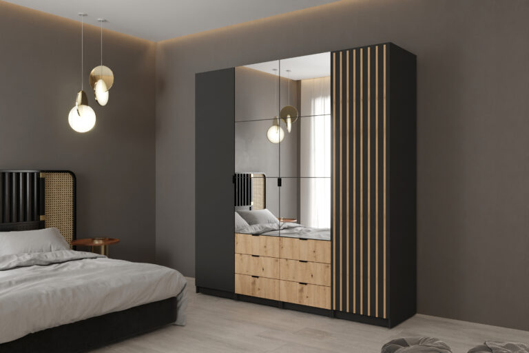 Szafa modułowa Jaxon 200 cm - Czarny / Votan / Lustro / Lamele - Arkos