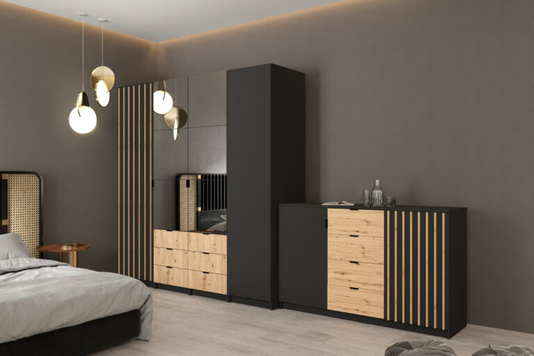 Szafa modułowa Jaxon 200 cm + Komoda Jaxon - Czarny / Votan / Lustro / Lamele - Arkos