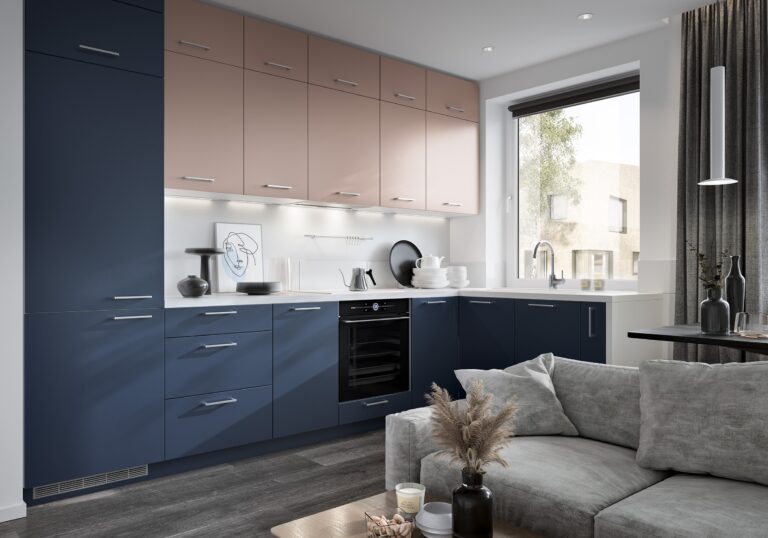 Meble Kuchenne Bonn - Fronty Akryl Mat 18 mm - Marine Blue/Kobe Miedź