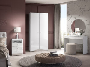Zestaw Glamour Szafa 08 + Toaletka 05 + Szafka nocna 07 - Biały Połysk / Biały