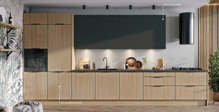 Meble Kuchenne KamMono K2 Jodełka/P4 Czarny Mat 460 cm