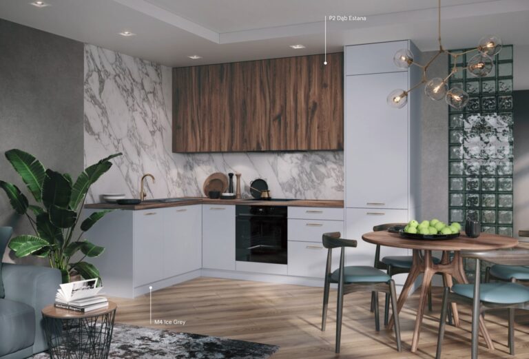Meble Kuchenne KamMono M4 Ice Grey Super Mat/P2 Dąb Estana Narożne 175 cm na 280 cm