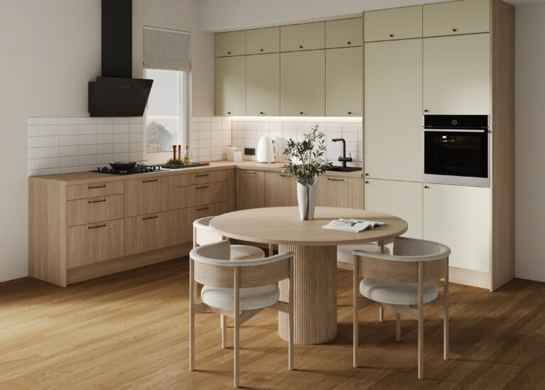 Meble Kuchenne KamMono P2 Dąb Vicenza/F6 Oliwka Mat 270 cm na 330 cm