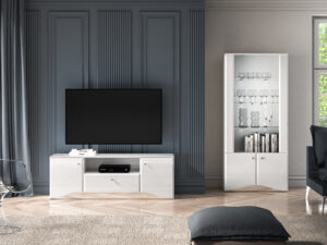 Zestaw Glamour Witryna szklana 01 + Szafka RTV 03 - Biały Połysk / Biały