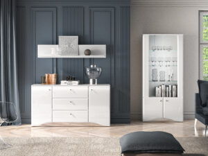 Zestaw Glamour Witryna szklana 01 + Komoda 02 + Półka wisząca 06 - Biały Połysk / Biały