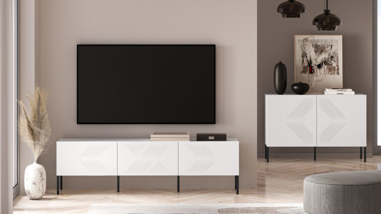 Komoda Clearing 03 + Szafka RTV 04 Noga - Biały / MDF Biały Mat - ML Meble