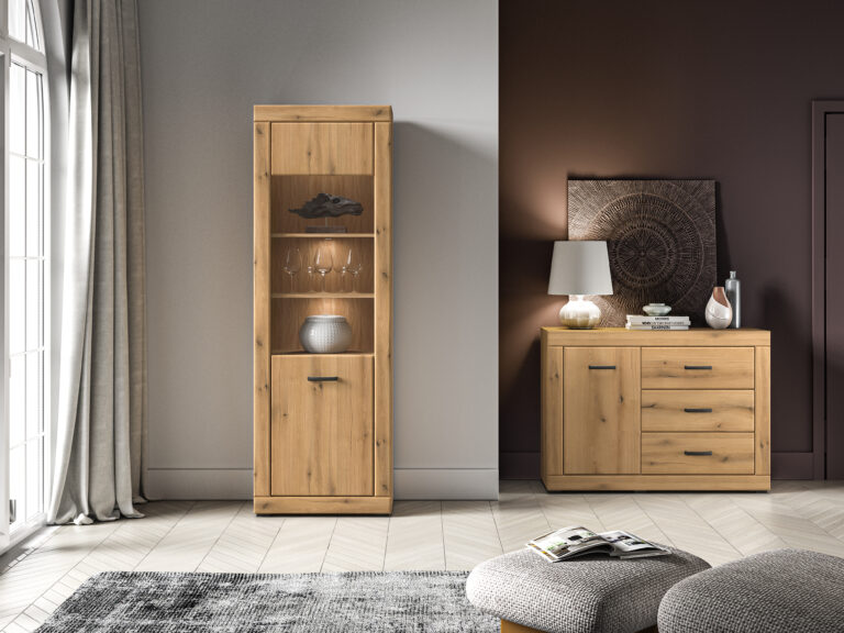 Witryna Dora 02 + Komoda Dora 05 - Dąb Evoke / MDF Dąb Evoke - ML Meble