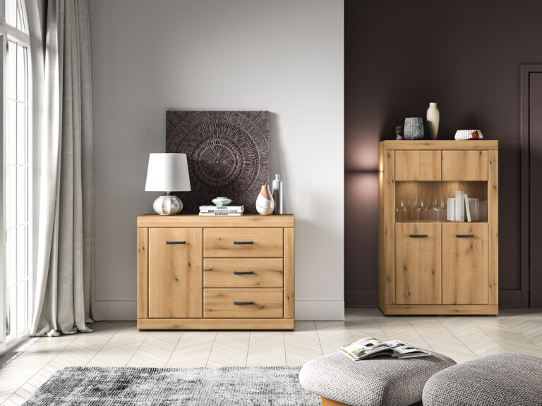 Witryna Dora 03 + Komoda Dora 05 - Dąb Evoke / MDF Dąb Evoke - ML Meble