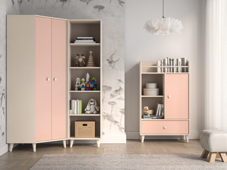 Meble młodzieżowe Mevel Szafa 01 + Regał 03 + Komoda 04 - Piasek Pustyni / Millenial Pink - ML Meble