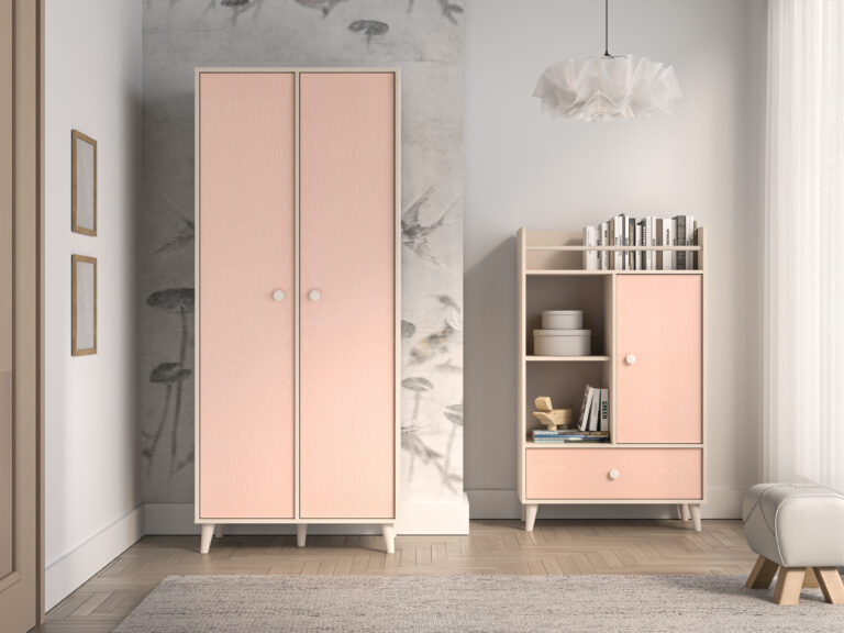 Meble młodzieżowe Mevel Szafa 02 + Komoda 04 - Piasek Pustyni / Millenial Pink - ML Meble