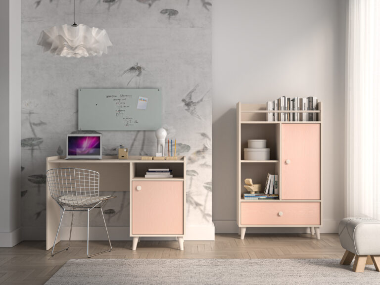 Meble młodzieżowe Mevel Komoda 04 + Biurko 07 - Piasek Pustyni / Millenial Pink - ML Meble