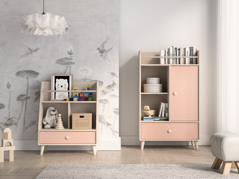 Meble młodzieżowe Mevel Komoda 04 + Regał 09 - Piasek Pustyni / Millenial Pink - ML Meble