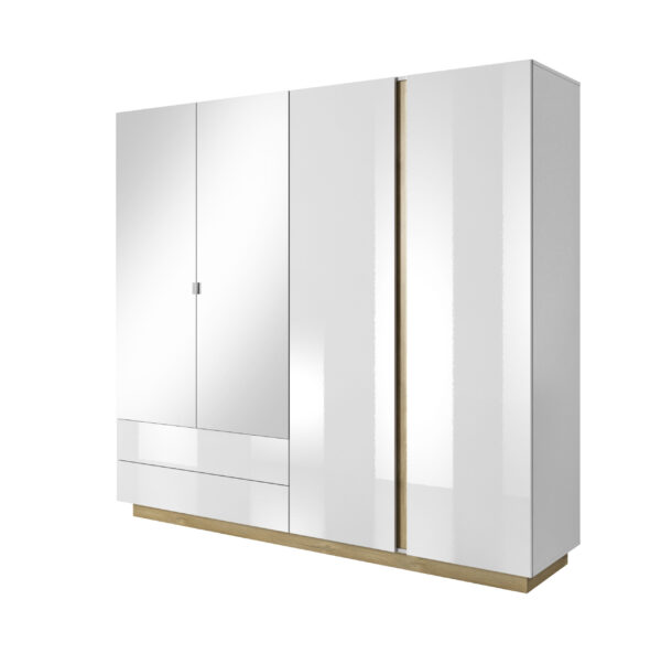 Szafa Arco 220 cm z lustrami - Biały / Biały Połysk / Dąb Grandson