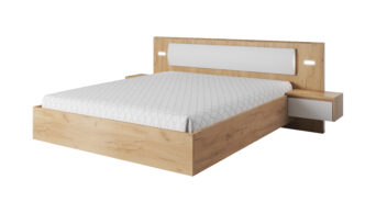 Łóżko z 2 szafkami nocnymi LED Xelo - Biały Mat / Dąb Craft Złoty