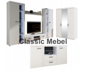 Zestaw Do Salonu Meblościanka Rumba XL + Szafa Elena 3D Lustro + Komoda Rumba Biały