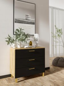 Komoda Nela 80 3 Szuflady Czarny/Dąb Craft Złoty